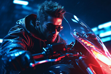 Ai generated illustration image of video game personage cyberpunk driving motorcycle speed motion neon illuminated city - obrazy, fototapety, plakaty