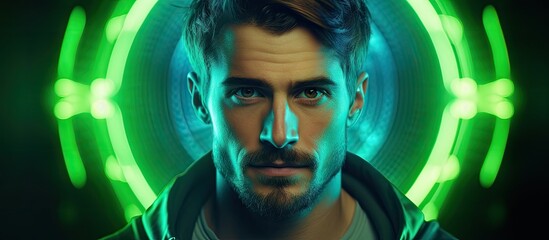 Bearded Man Captured in Green Neon Glow - Cyberpunk Lifestyle and Futuristic Expression - obrazy, fototapety, plakaty