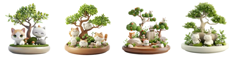 Schilderijen op glas Adorable cat figurines with stylized bonsai trees on isolated transparent background. © Maestro