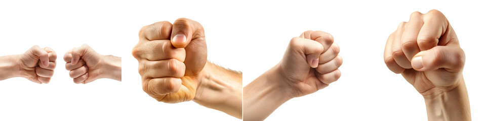 A diverse set of human fists showing different thumb positions, isolated on a transparent background.