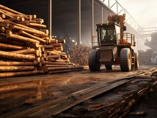 Fototapeta na wymiar A worker in a safety helmet operating a loader at a modern wood processing factory, using the machinery to load freshly cut logs onto the production line for further processing and manufacturing.