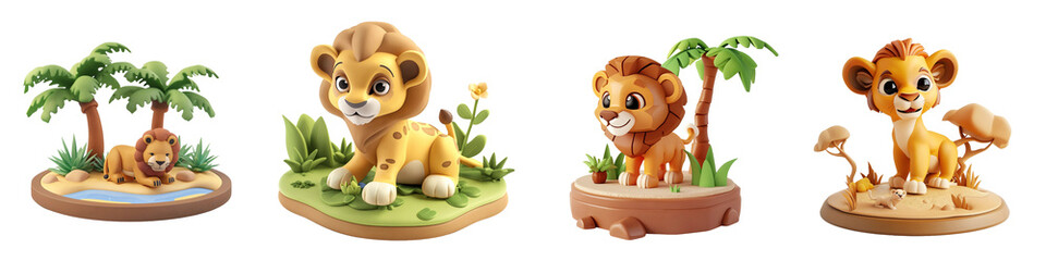 Obraz na płótnie Canvas Cute animated lion cub figurines in various playful poses on a transparent background.