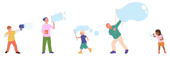 Happy excited family cartoon characters playing liquid soap bubble at party isolated on white