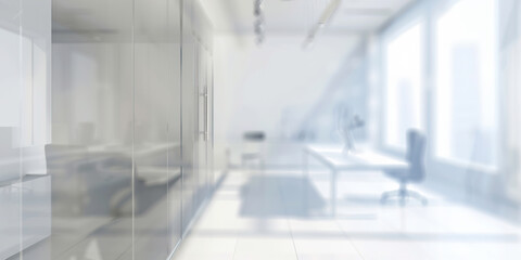 A defocused view of a standard office room with a desk and chair, creating a blurred background.