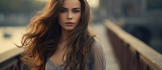 Graceful Young Woman with Flowing Brunette Hair Standing Serenely on a Scenic Bridge