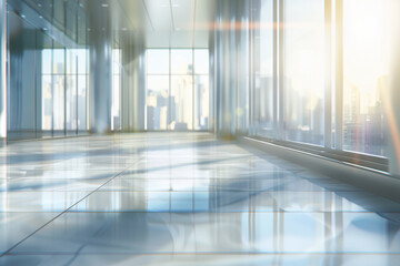 An empty office room with large windows and a tiled floor, creating a spacious and bright environment perfect for business activities.