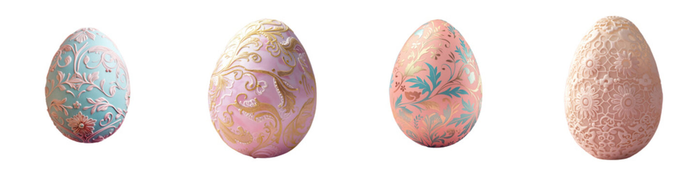 A series of four elegantly decorated Easter eggs featuring intricate floral and filigree patterns, presented on a transparent background.