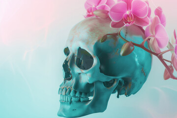 skull with teal and pink hues, with orchids sprouting from the top