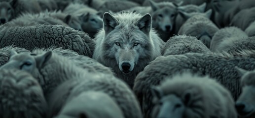 sheep herd with a wolf in the middle. 