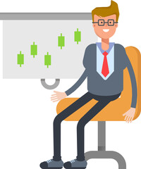Office Worker Character Presenting Candlestick Chart

