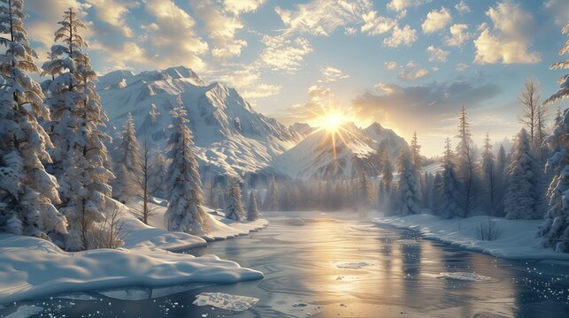 Winter mountain river in snowy landscape.Frozen lake. Pines are covered with snow. sunlight.