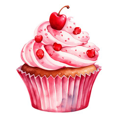 Watercolor valentine cupcake with cherry isolated on transparent background Remove png, Clipping Path, pen tool