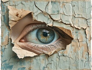 A mural of a beautifully detailed eye on a rustic, cracked wall representing artistic expression