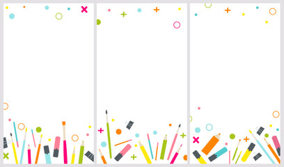 Science, stationary or back to school concept vector backgrounds set for social media, Instagram, TikTok or vertical video story posting. Different bright colors pencils, brushes, markers, liners.