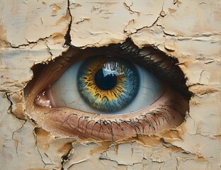 A creatively edited digital image showing a hyper-realistic eye peering through torn paper, invoking curiosity and introspection