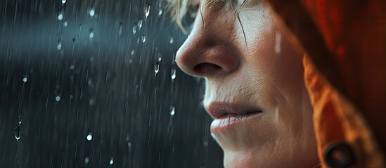 Mature woman gazing out rainy window clutching red umbrella depicting solitude and contemplation