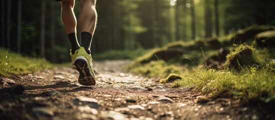 Athletic Man Running on Forest Trail on Sunny Spring Day: Fitness Journey in Nature