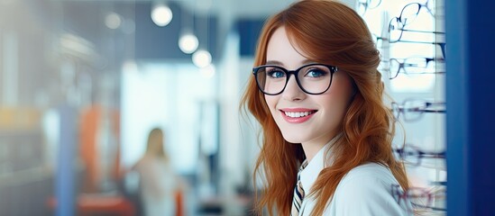 Cheerful Young Woman Seeking New Glasses at Optometry Shop with Confidence and Excitement
