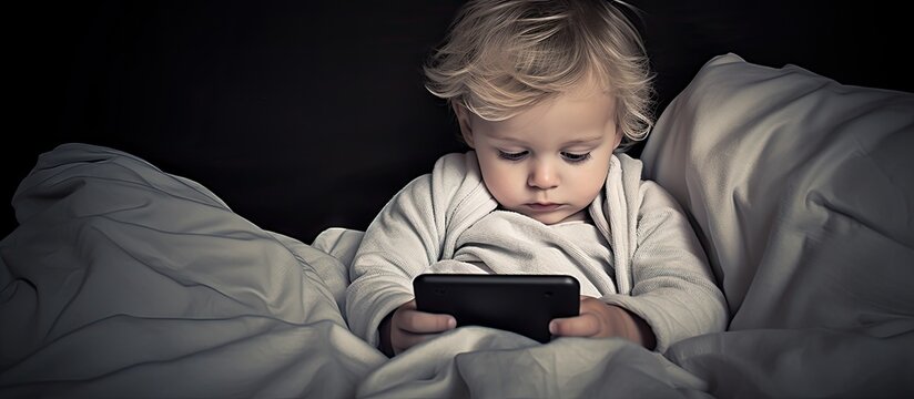 Curious Toddler Engrossed in Smartphone Game While Lying Comfortably in Bed