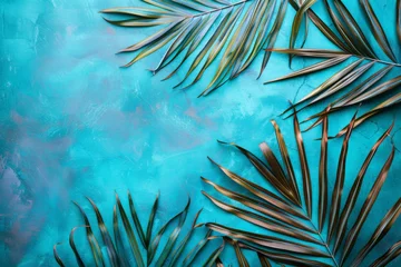 Papier Peint photo Turquoise palm leaves on grunge background texture. 