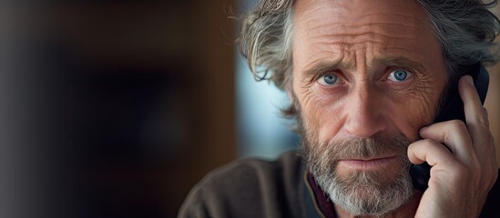 Mature bearded man having a conversation on his cell phone in a cozy setting