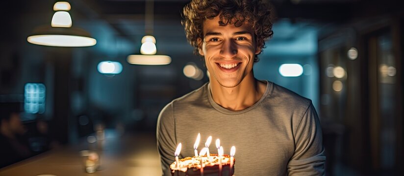 Joyful Celebration: Man Holding Birthday Cake with Illuminated Candles in College Dorm Party