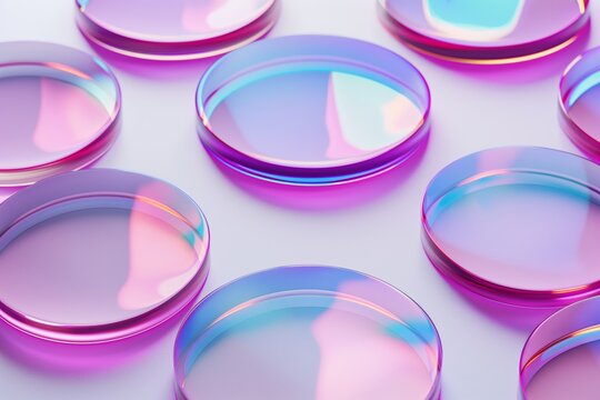 3D pink iridescent circles, holographic glass textures on plain surface