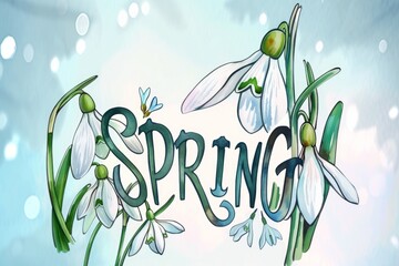 Spring logotype. Lettering spring with a snowdrop for a greeting card , invitation template, sketch hand logo 