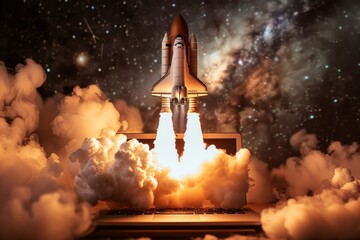 Space shuttle launch from a laptop in a dramatic cloud of smoke