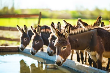 Schilderijen op glas group of donkeys standing by a water trough on a farm © Natalia