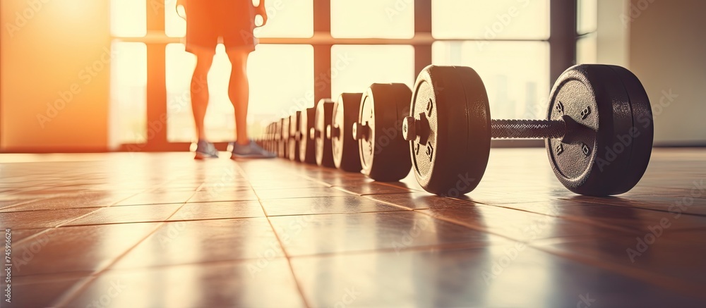 Poster diverse individual standing by row of weights in gym after intense workout session