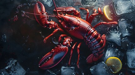 Top view of whole red lobster with ice and lemon on a dark background. Top view, digital ai art
