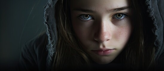 Portrait of a Reflective Teenage Girl Wearing a Hoodie Staring Intently at the Camera - obrazy, fototapety, plakaty