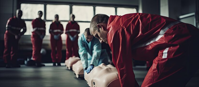 Man in Red Raincoat Demonstrates CPR Training Techniques with Resuscitation Doll