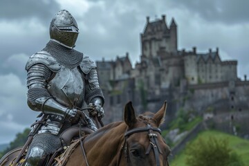 Naklejka na ściany i meble Knight in armor on horseback with castle in the background