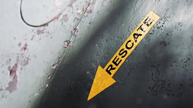 Yellow Rescue Arrow Decal on An Old Argentine Military Airplane. Close Up.