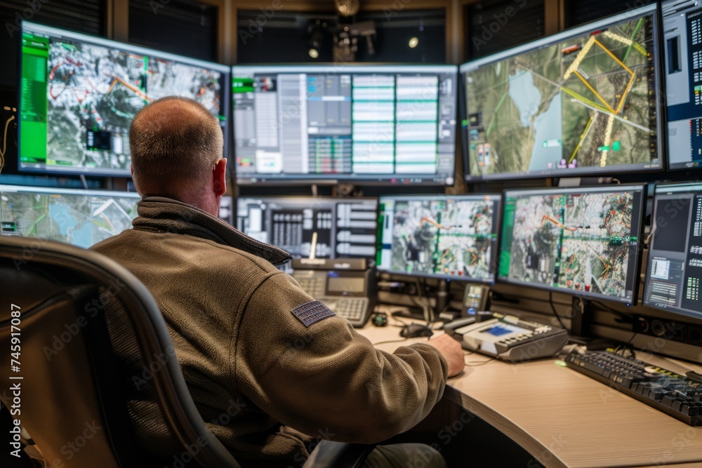 Poster security personnel monitoring multiple screens in a control room.