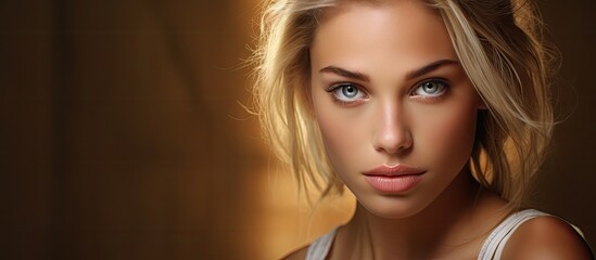 Sultry Blonde with Captivating Blue Eyes Staring Intensely into the Camera - obrazy, fototapety, plakaty