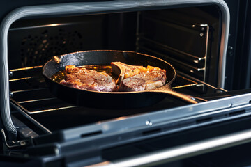 electric oven with a cast iron skillet and sizzling steak inside