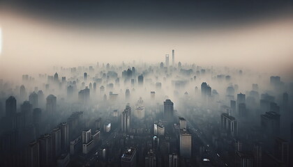 A city skyline is enveloped in thick smog and polluted sky. - obrazy, fototapety, plakaty