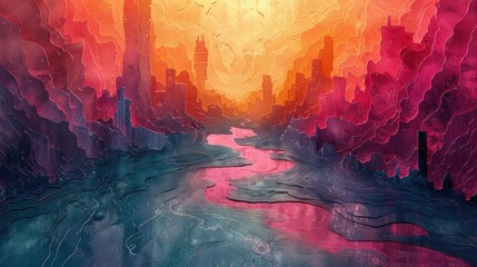 Abstract Artistic Cityscape in Vivid Watercolors. Abstract watercolor painting of a city skyline with a flowing river, blending vibrant warm and cool tones.

