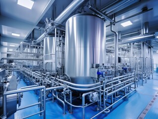 A modern dairy plant showcasing milk production and processing for commercial distribution. The facility is equipped with state-of-the-art machinery and technology.