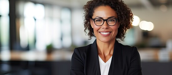 Confident Latin Businesswoman Smiling with Optimism and Professionalism in Corporate Office Portrait