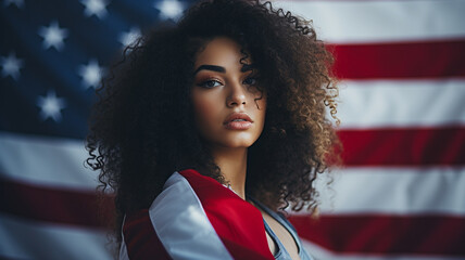 Portrait of an African American woman and the USA flag - 745917257