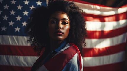 Portrait of an African American woman and the USA flag - 745917262