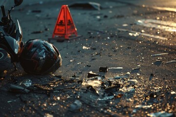 Motorcycle accident scene with helmet and debris on road - obrazy, fototapety, plakaty