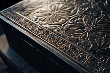 extreme closeup of a box with an intricate embossed pattern