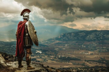 Obraz premium Ancient warrior overlooking a mountainous battlefield.
