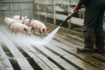 person cleaning a pigsty with a pressure washer