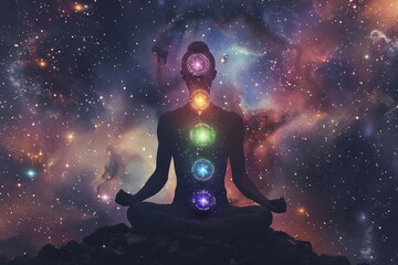 Fototapeta na wymiar Meditating figure with illuminated chakras and cosmic background